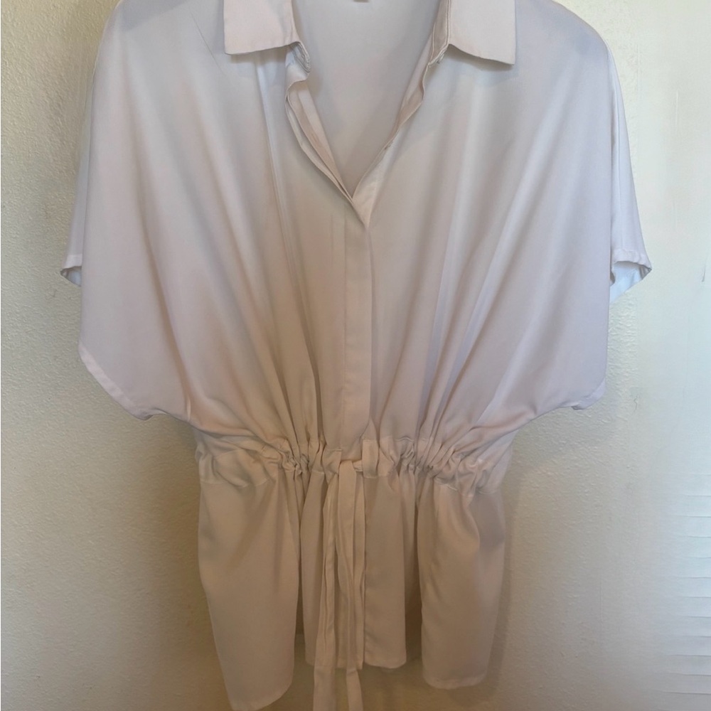 White Prologue Tie-waist Short Sleeve Camp Shirt Top Blouse XXL